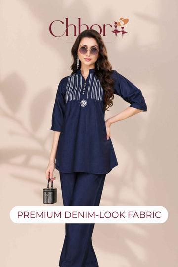 Embroidered Denim Co-Ord Set – Palazzo Pants | Festive Casual Wear