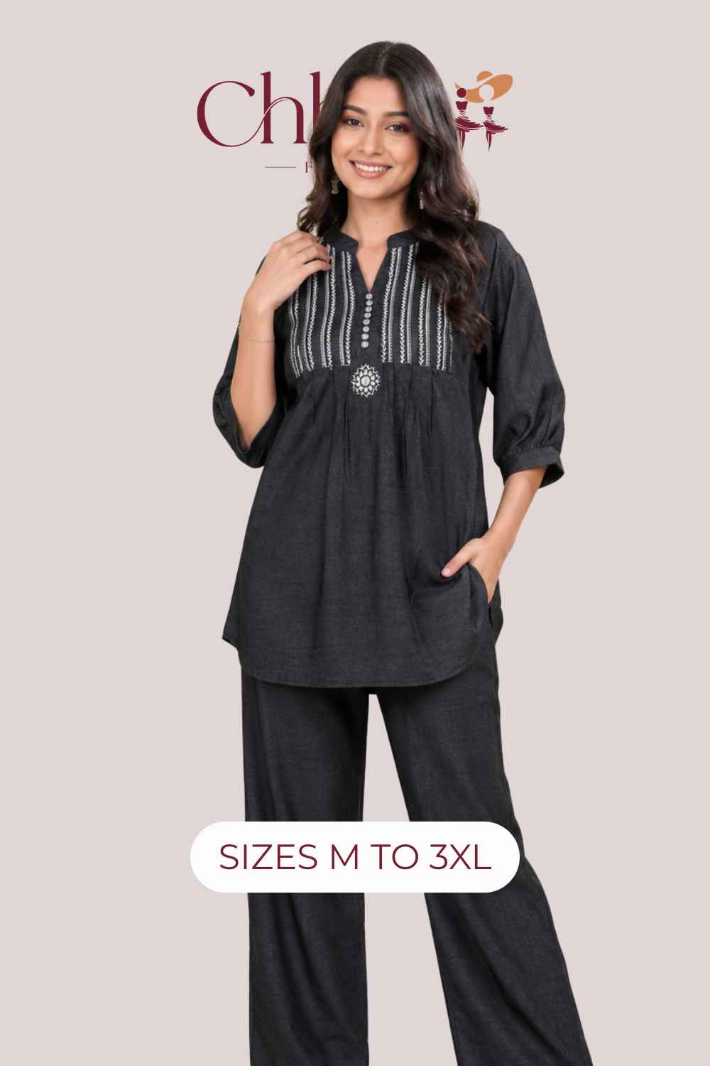 Embroidered Denim Co-Ord Set – Palazzo Pants | Festive Casual Wear