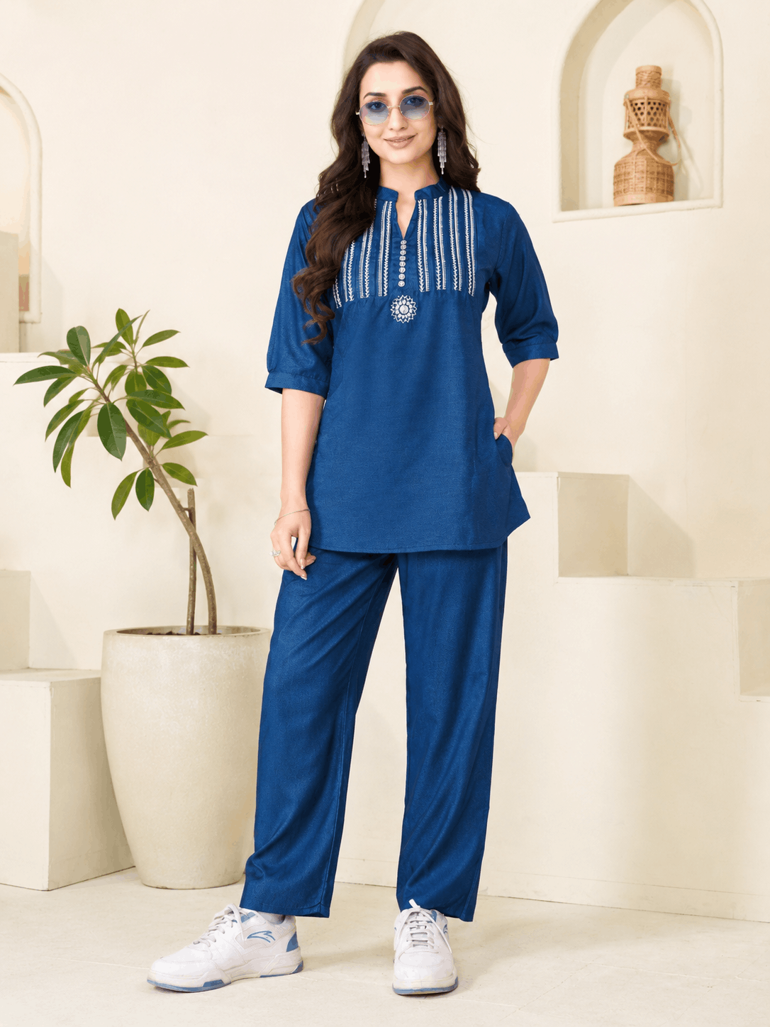 Embroidered Denim Co-Ord Set – Palazzo Pants | Festive Casual Wear