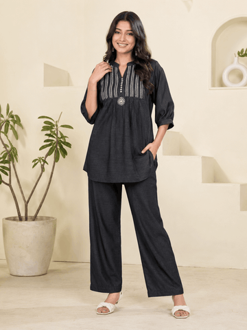 Embroidered Denim Co-Ord Set – Palazzo Pants | Festive Casual Wear