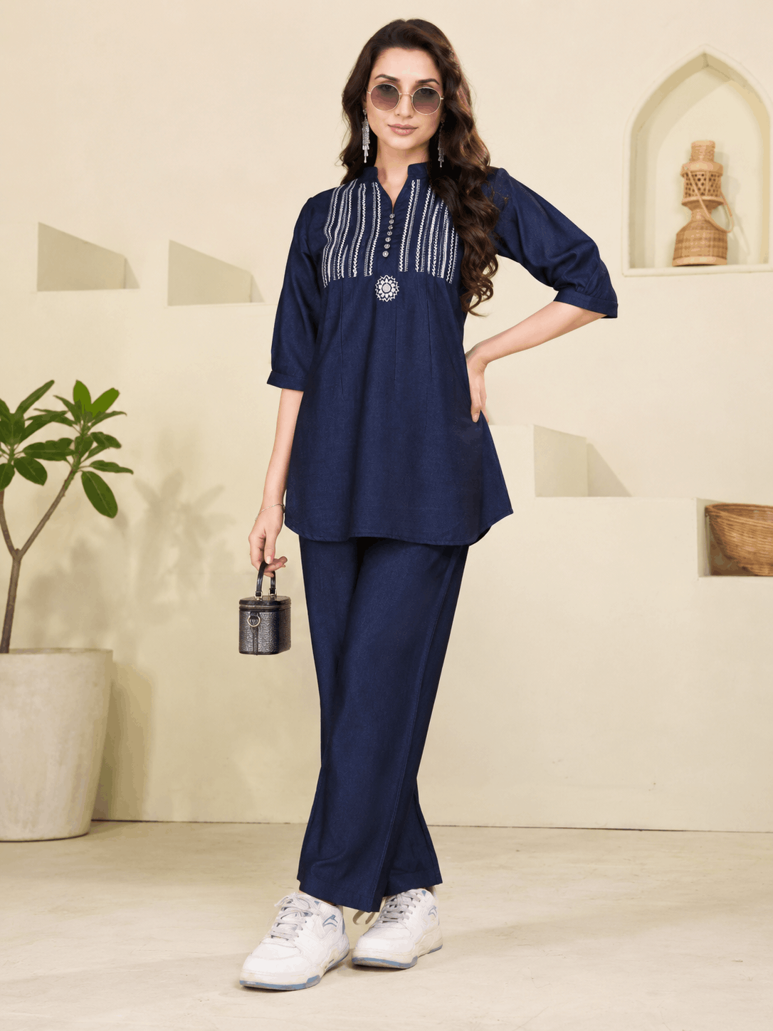 Embroidered Denim Co-Ord Set – Palazzo Pants | Festive Casual Wear
