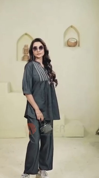 Embroidered Denim Co-Ord Set – Palazzo Pants | Festive Casual Wear