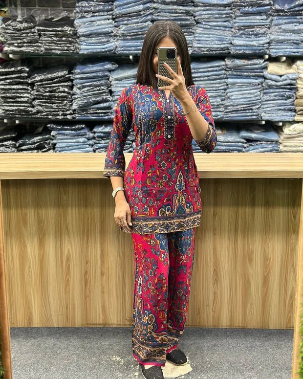 Printed Asymmetric Red And Blue Rayon Co - Ord Set - Chhorii Fashion