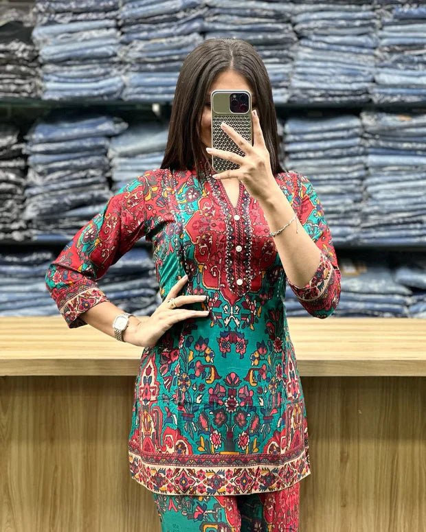 Printed Asymmetric Red And Blue Rayon Co - Ord Set - Chhorii Fashion
