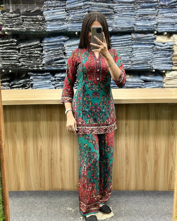 Printed Asymmetric Red And Blue Rayon Co - Ord Set - Chhorii Fashion