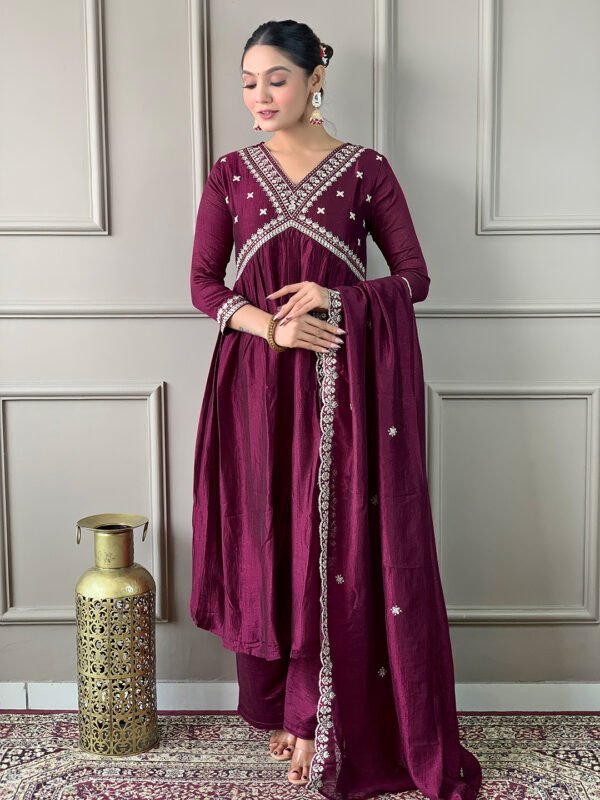 Wine Vichitra Silk Kurta Set