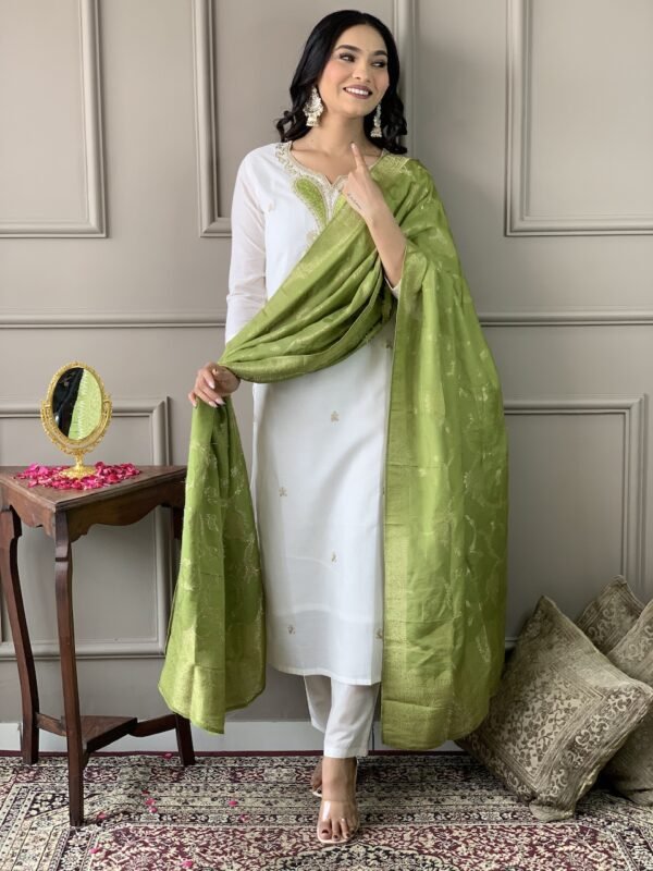 Off White Viscose Blend Kurta Set