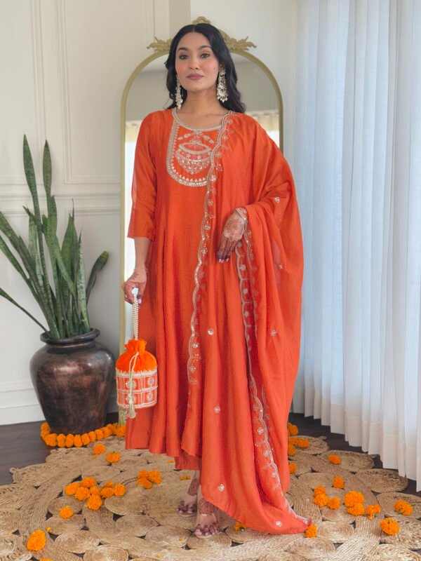 Orange Vichitra Silk Kurta Set