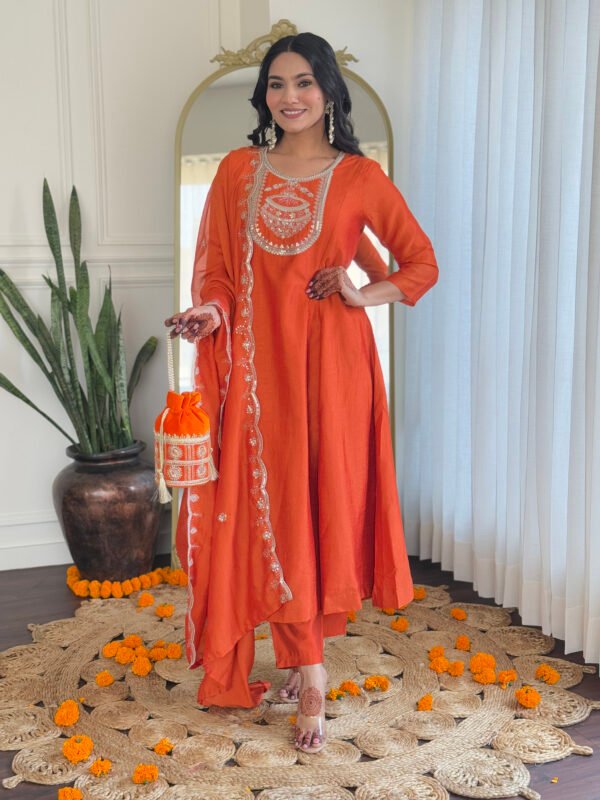 Orange Vichitra Silk Kurta Set