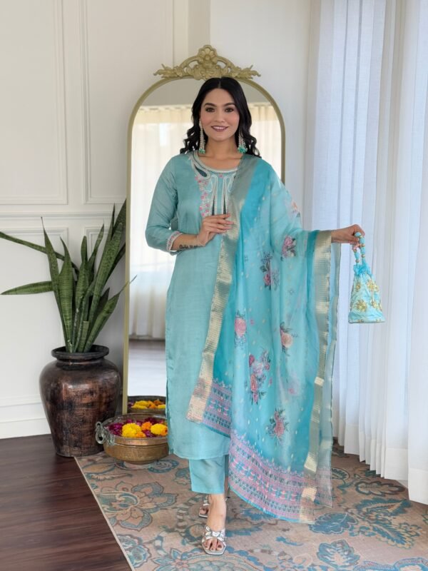 Sky Viscose Embroidered Kurta Set