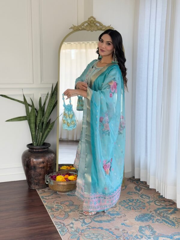 Sky Viscose Embroidered Kurta Set