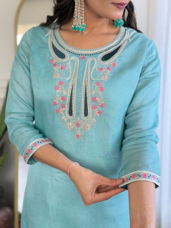 Sky Viscose Embroidered Kurta Set