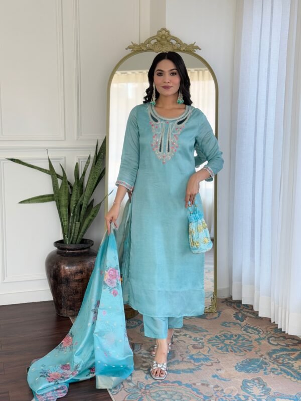Sky Viscose Embroidered Kurta Set