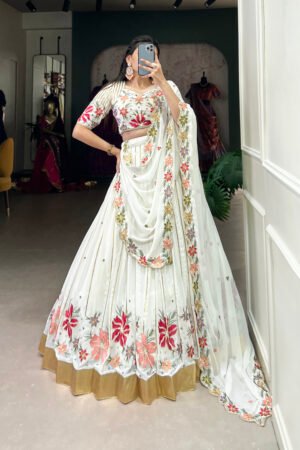 White Georgette Lehenga with Embroidery