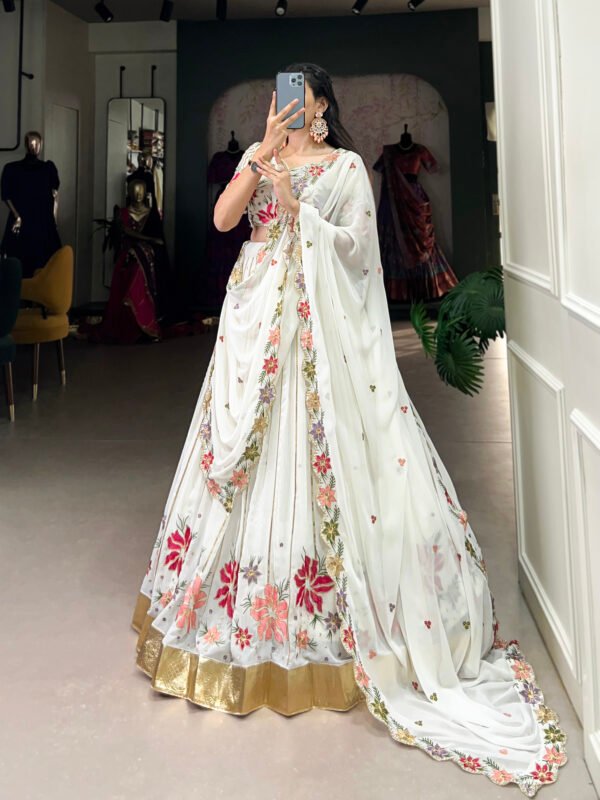 White Georgette Lehenga with Embroidery