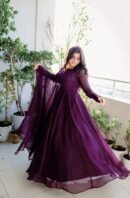Wine Faux Blooming Embroidered Gown