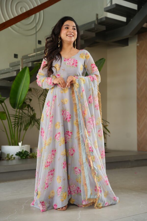 Floral Digital Print Gown with Dupatta
