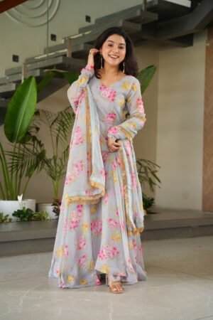 Floral Digital Print Gown with Dupatta