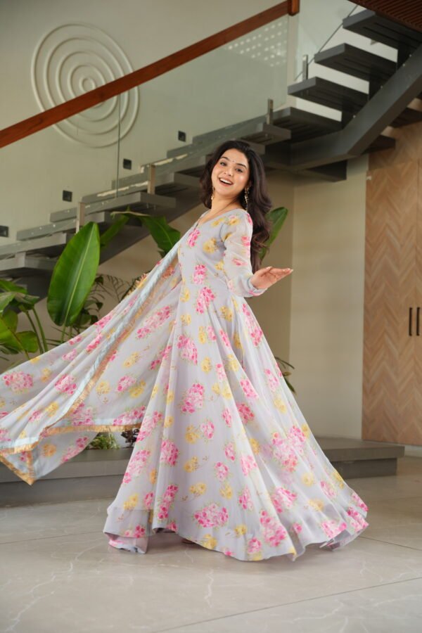 Floral Digital Print Gown with Dupatta