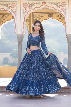 Faux Georgette Sequins Thread Embroidery Lehenga