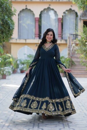 Faux Blooming Georgette Gown with Sequins