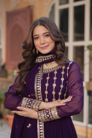 Embroidered Faux Blooming Gown with Dupatta