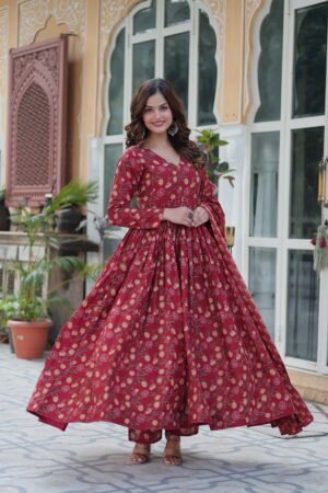 Cotton Gown with Pant and Dupatta Set