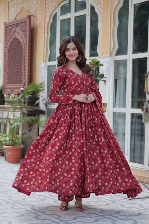 Cotton Gown with Pant and Dupatta Set