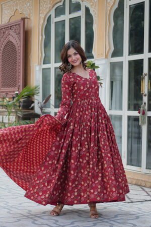 Cotton Gown with Pant and Dupatta Set