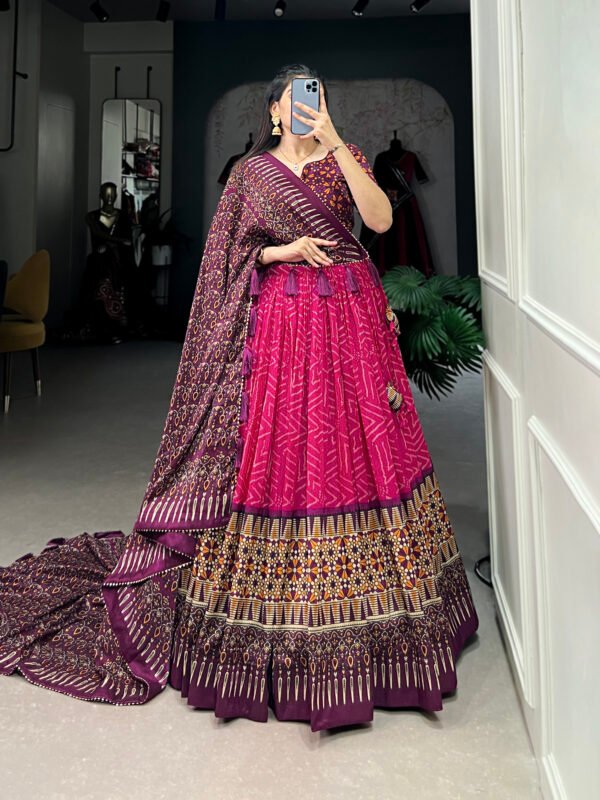 Tussar Silk Bandhej Ajarakh Lehenga