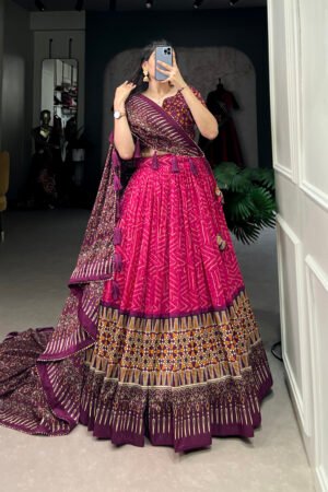 Tussar Silk Bandhej Ajarakh Lehenga
