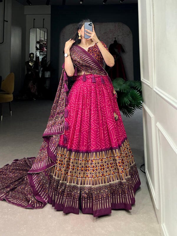 Tussar Silk Bandhej Ajarakh Lehenga
